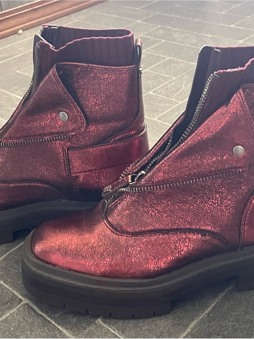 Sam Edelman Metallic Burgundy Zip-Front Ankle Boots